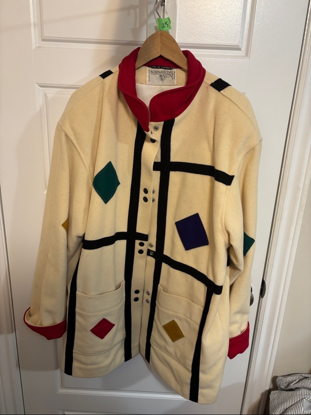 INC International Concepts Cream Geometric Fleece Jacket with Red Trim